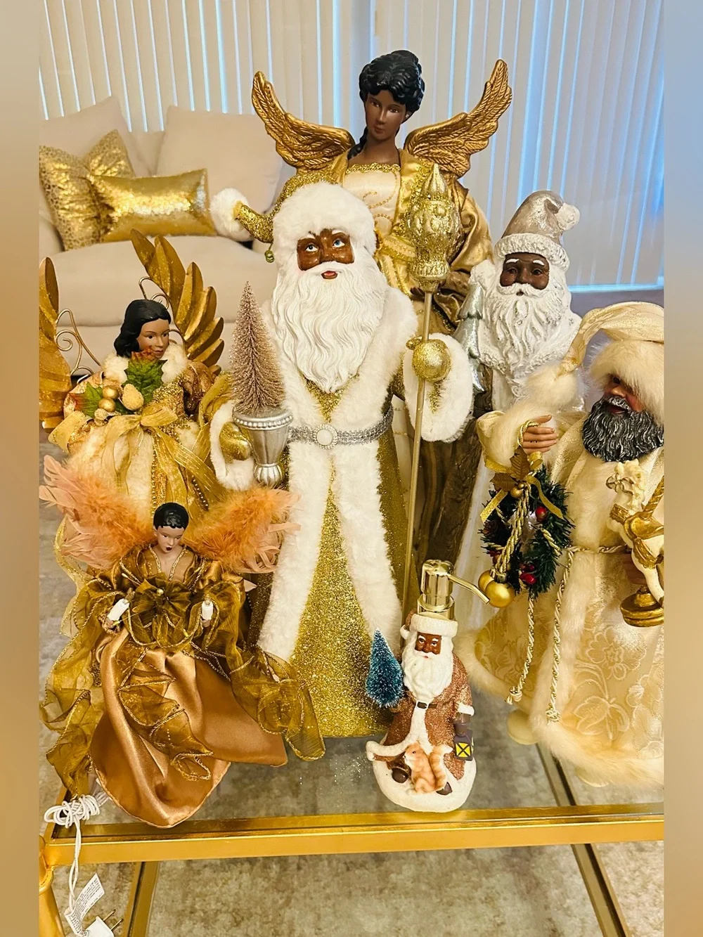 Holiday African American Santa Figurine in Cream and Gold
